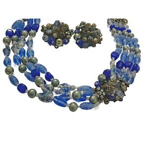 Vintage Blue Crystal Lucite Jewelry Set, Clip on Earrings and Choker, Japan